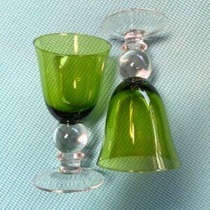 Pretty! 2 Green Fluted Goblets with Clear Ball Stems